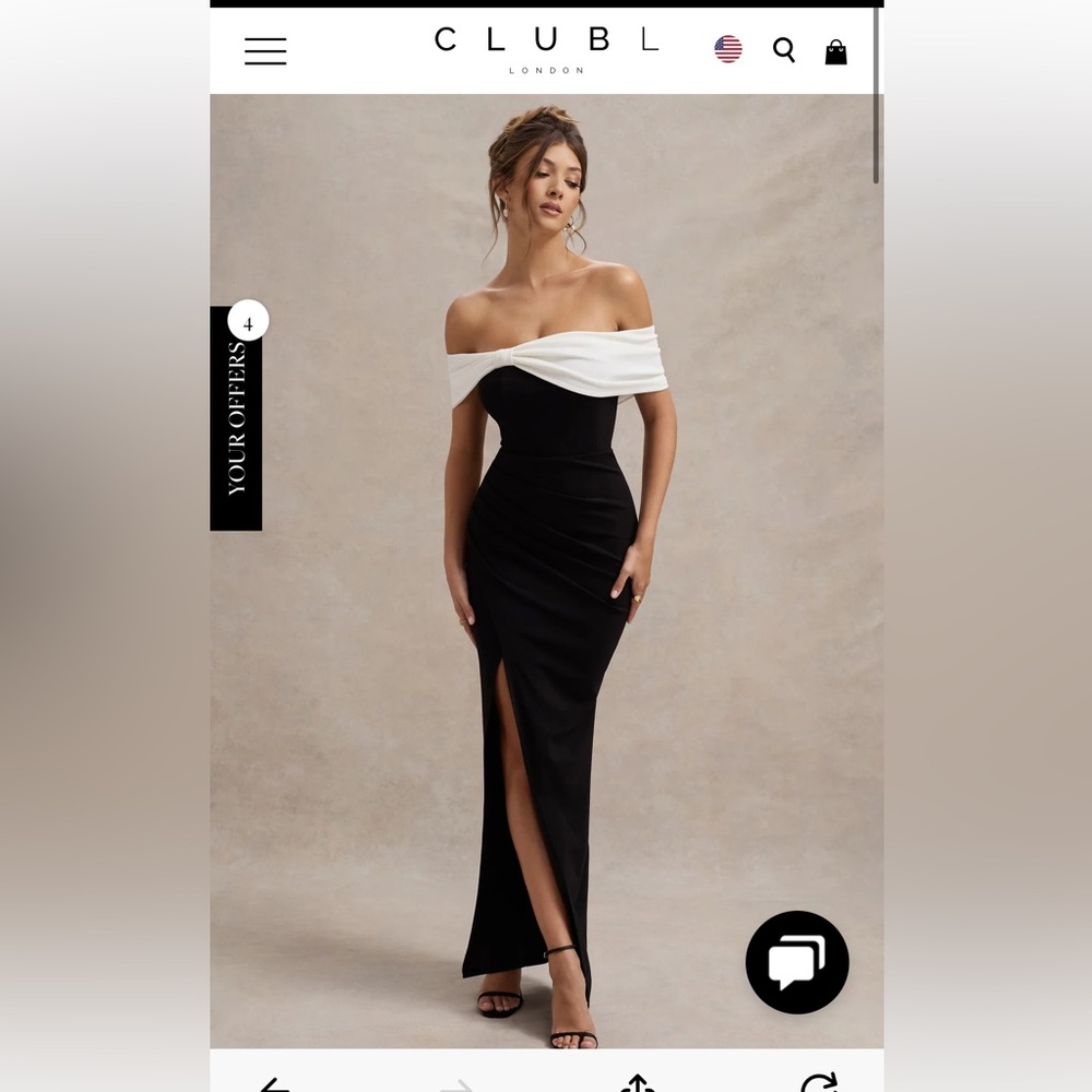 NWT Club L London Black & White Bardot Bow Detail Maxi Dress With Thigh Split.